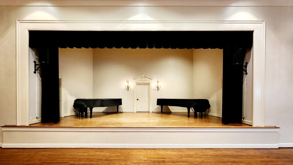 The Concert Hall stage with grand pianos at Friday Musicale