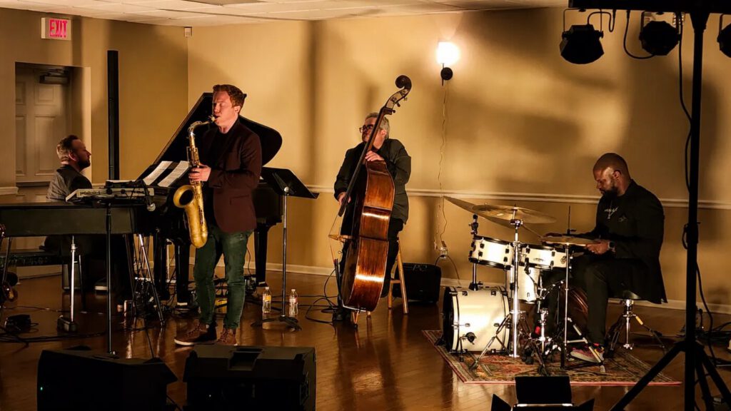 A jazz trio performing live at Friday Musicale